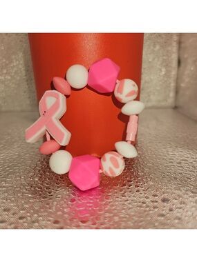 Silicone Tumbler Charms Breast Cancer Pink With Pink & White Beads